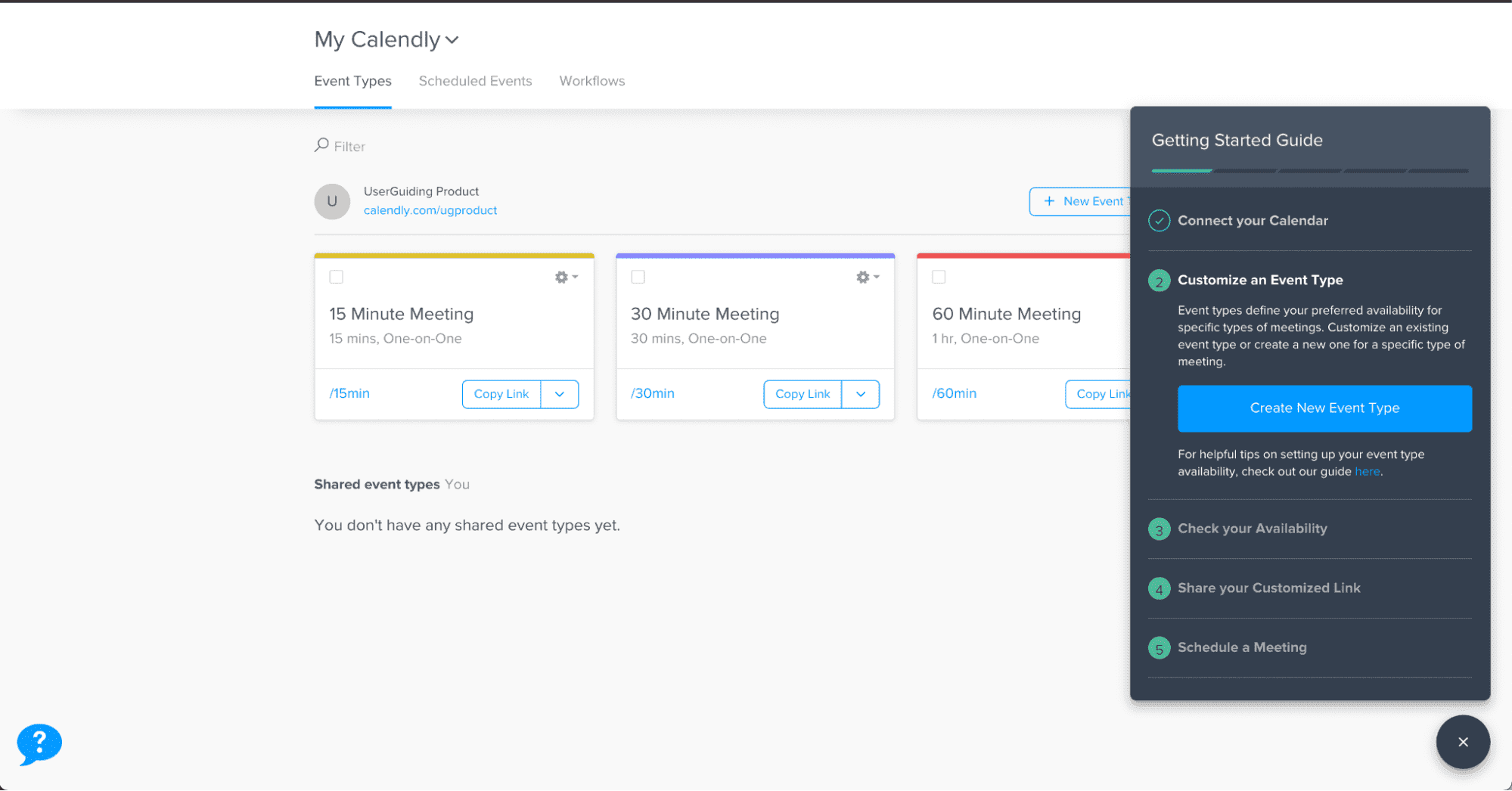 Calendly Getting Started Guide checklist with five steps, from Connect your Calendar to Schedule a Meeting, beside the Event Types page