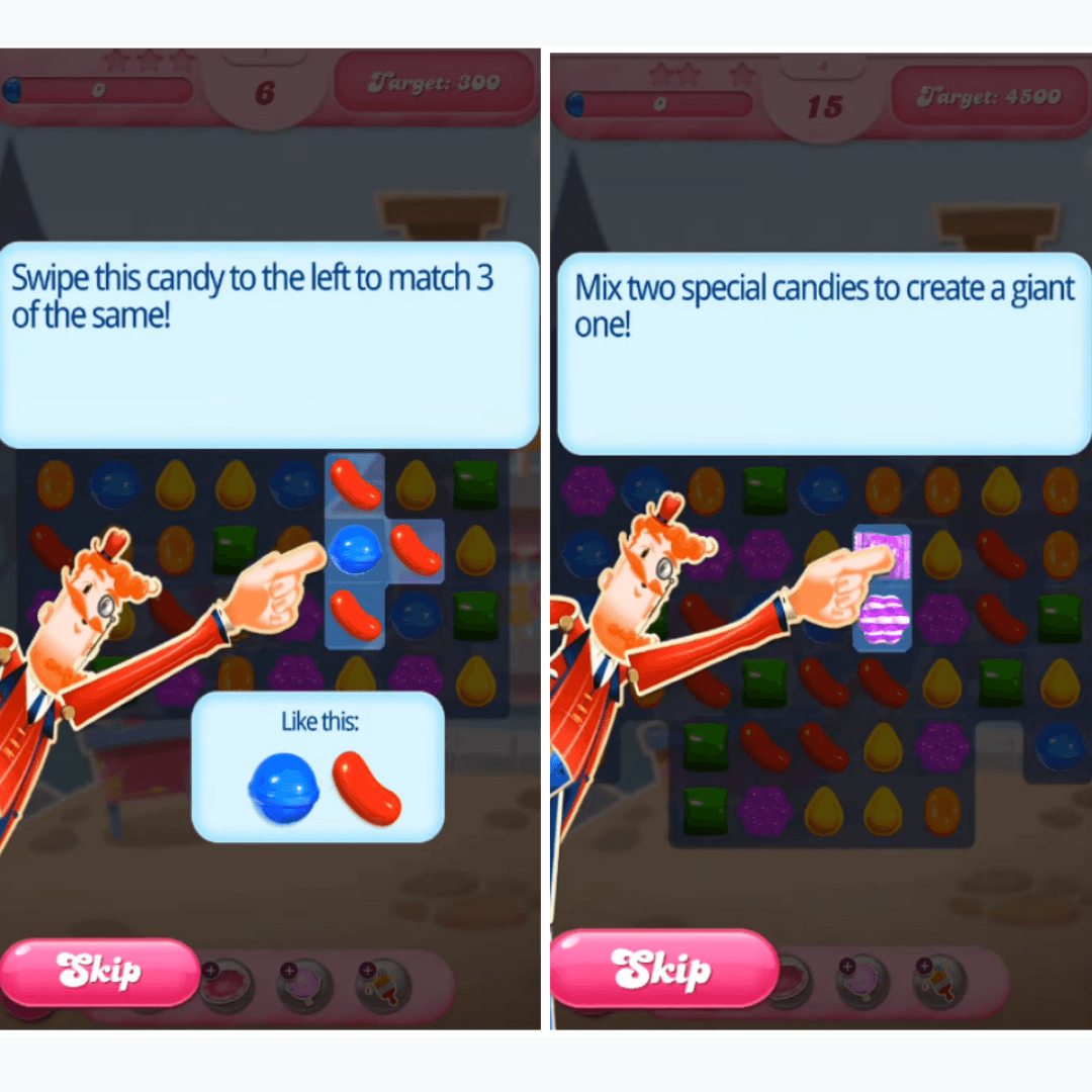 Two Candy Crush tutorial screens: a mascot points at candies to swipe, with instruction panels and a pink Skip button