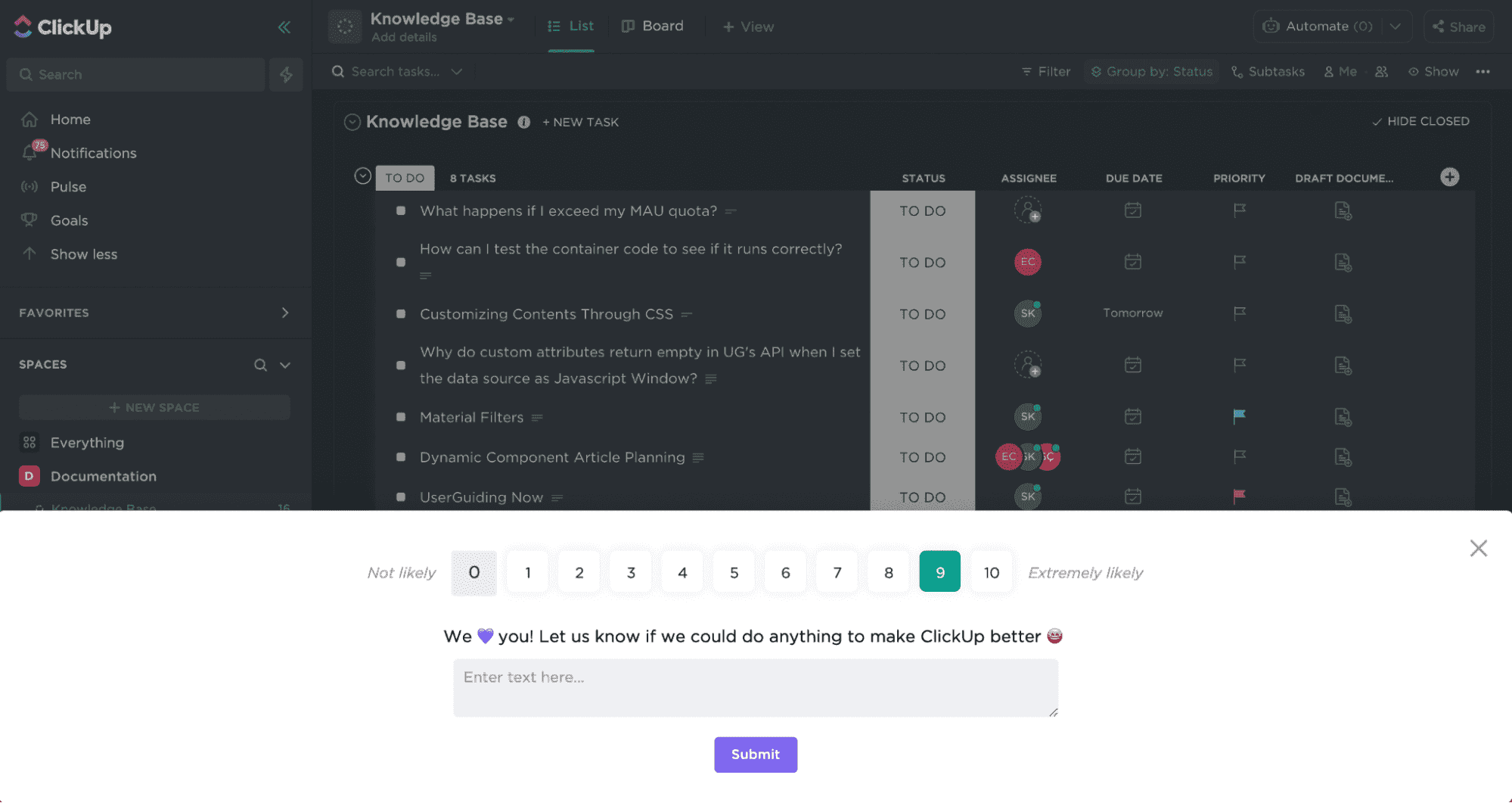 ClickUp survey bar at the bottom of a list view asking users to score the product from 0 to 10, with a comment box