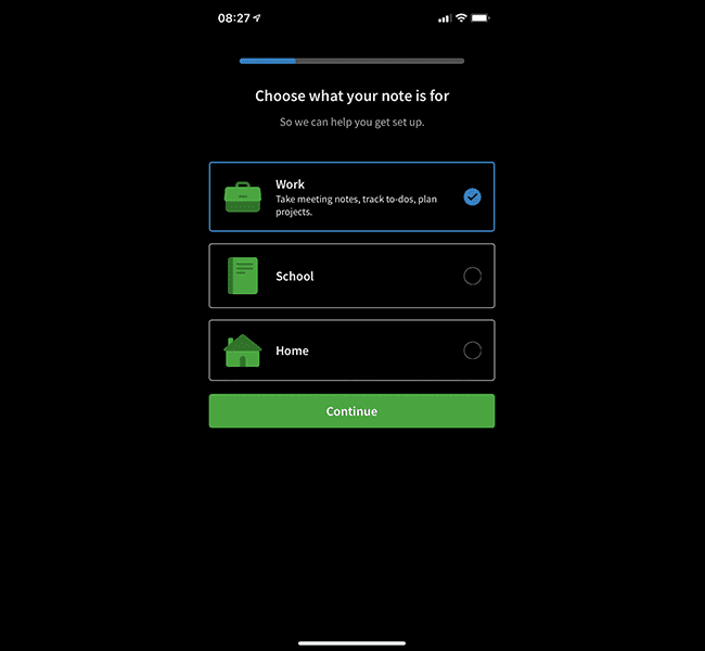 Evernote mobile screen asking "Choose what your note is for" with Work, School and Home options and a green Continue button