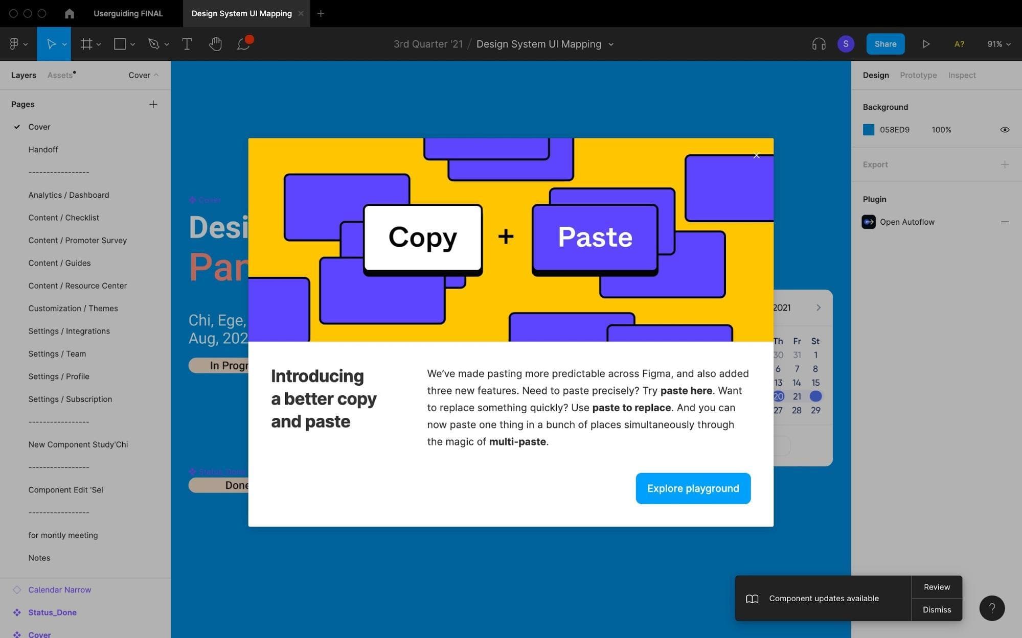Figma announcement modal introducing a better copy and paste, with an Explore playground button, over a design file