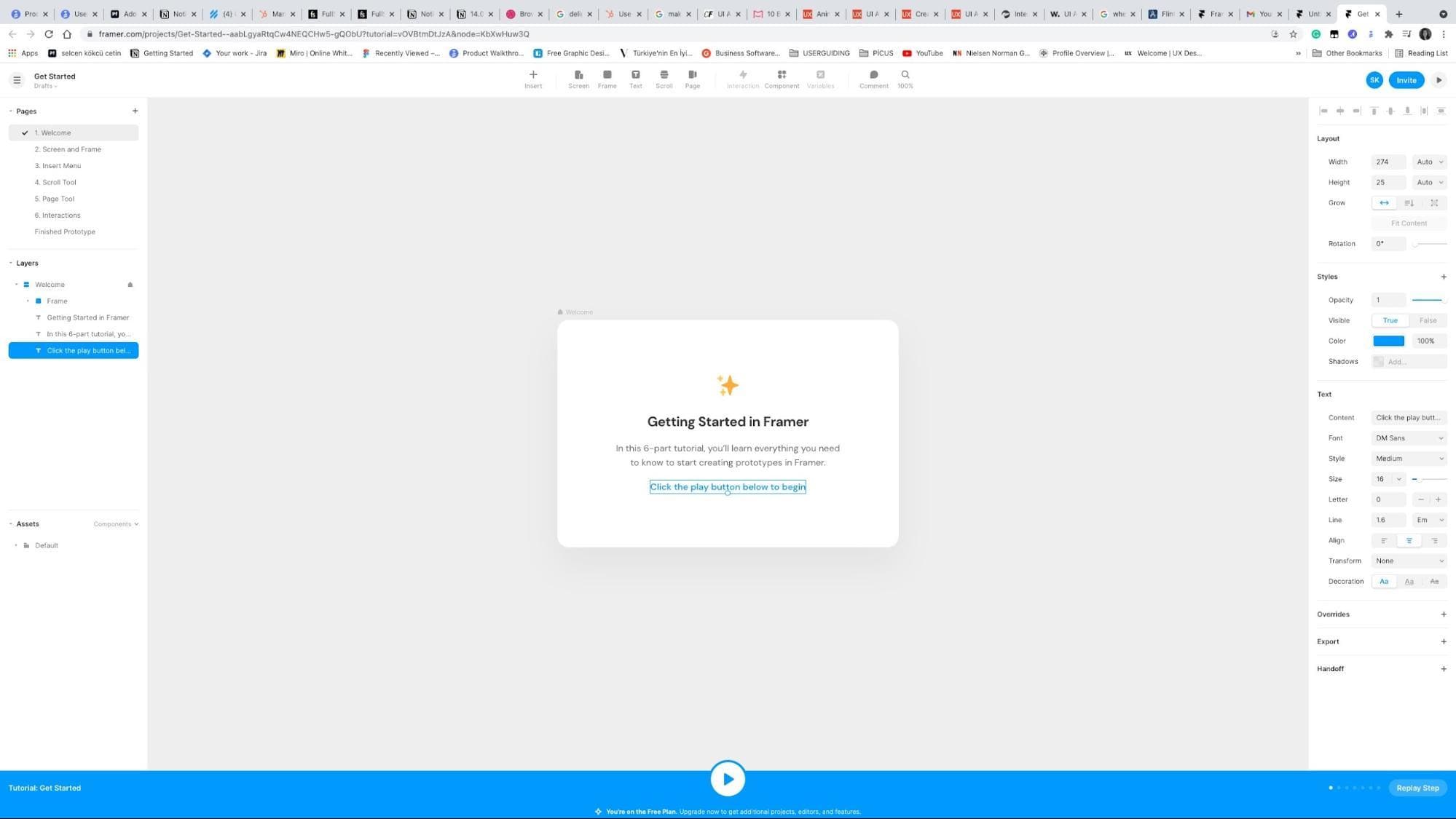 Framer editor showing a Getting Started in Framer card and a blue tutorial bar with a play button and Replay Step