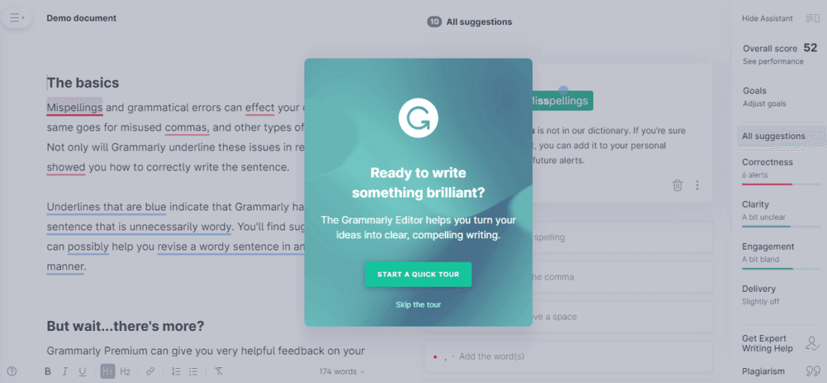 Grammarly modal, Ready to write something brilliant?, with Start a quick tour and Skip the tour over a demo document