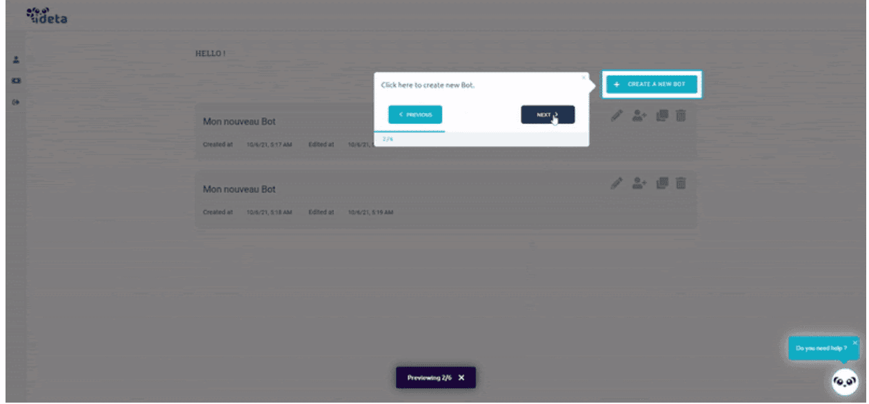 Ideta product tour step highlighting the Create a new bot button, with the rest of the screen dimmed except a Do you need help? button