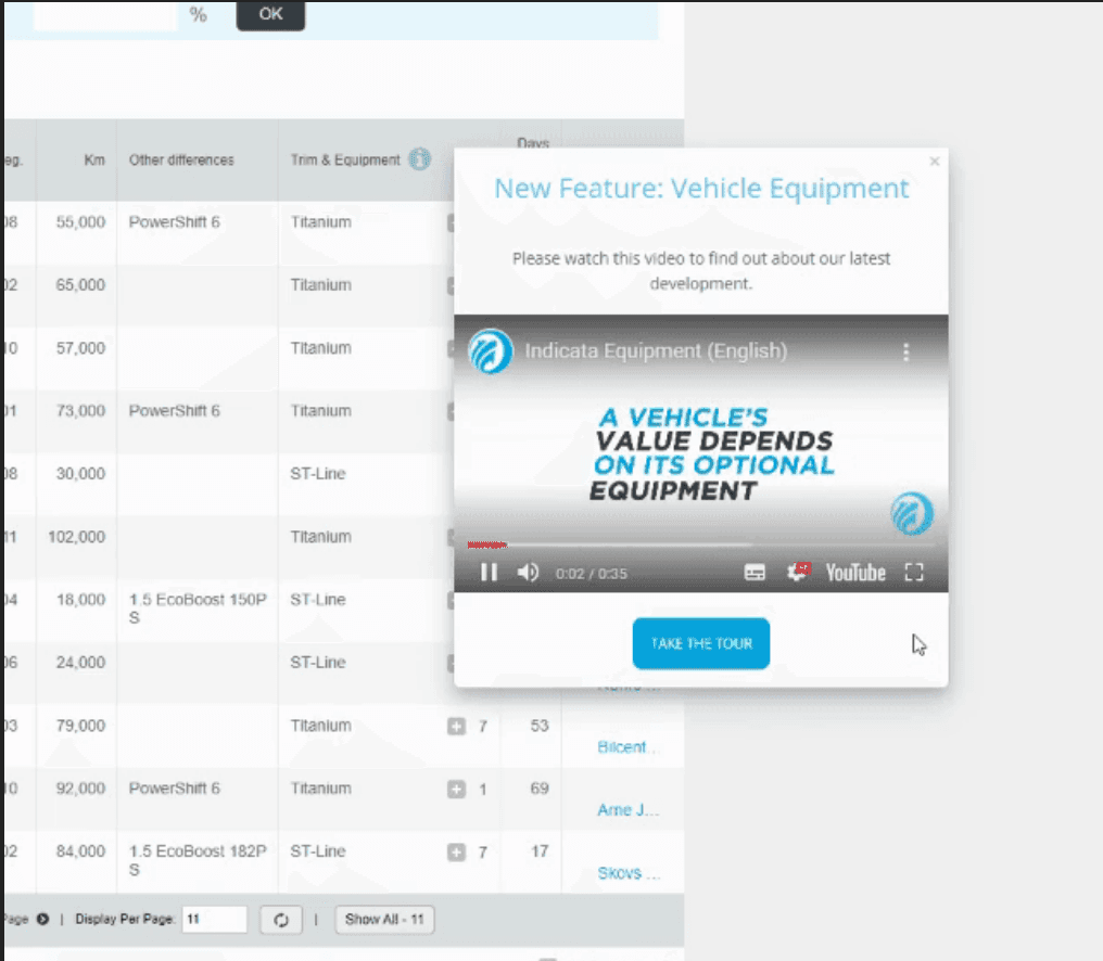 Indicata panel titled New Feature: Vehicle Equipment with a short video and a Take the tour button, beside a vehicle table