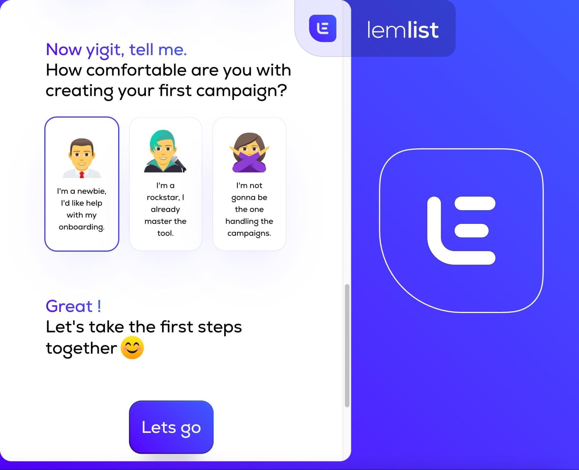 Lemlist question, How comfortable are you with creating your first campaign?, with three emoji answer cards