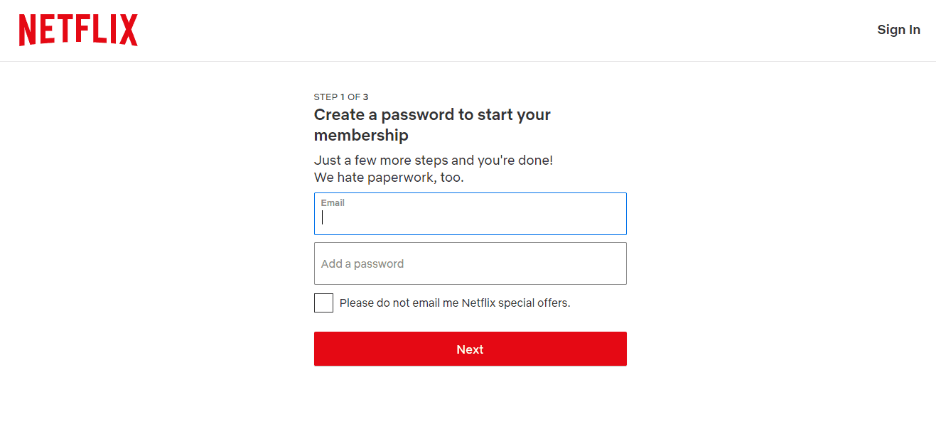 Netflix signup Step 1 of 3, Create a password to start your membership, with email and password fields and a Next button