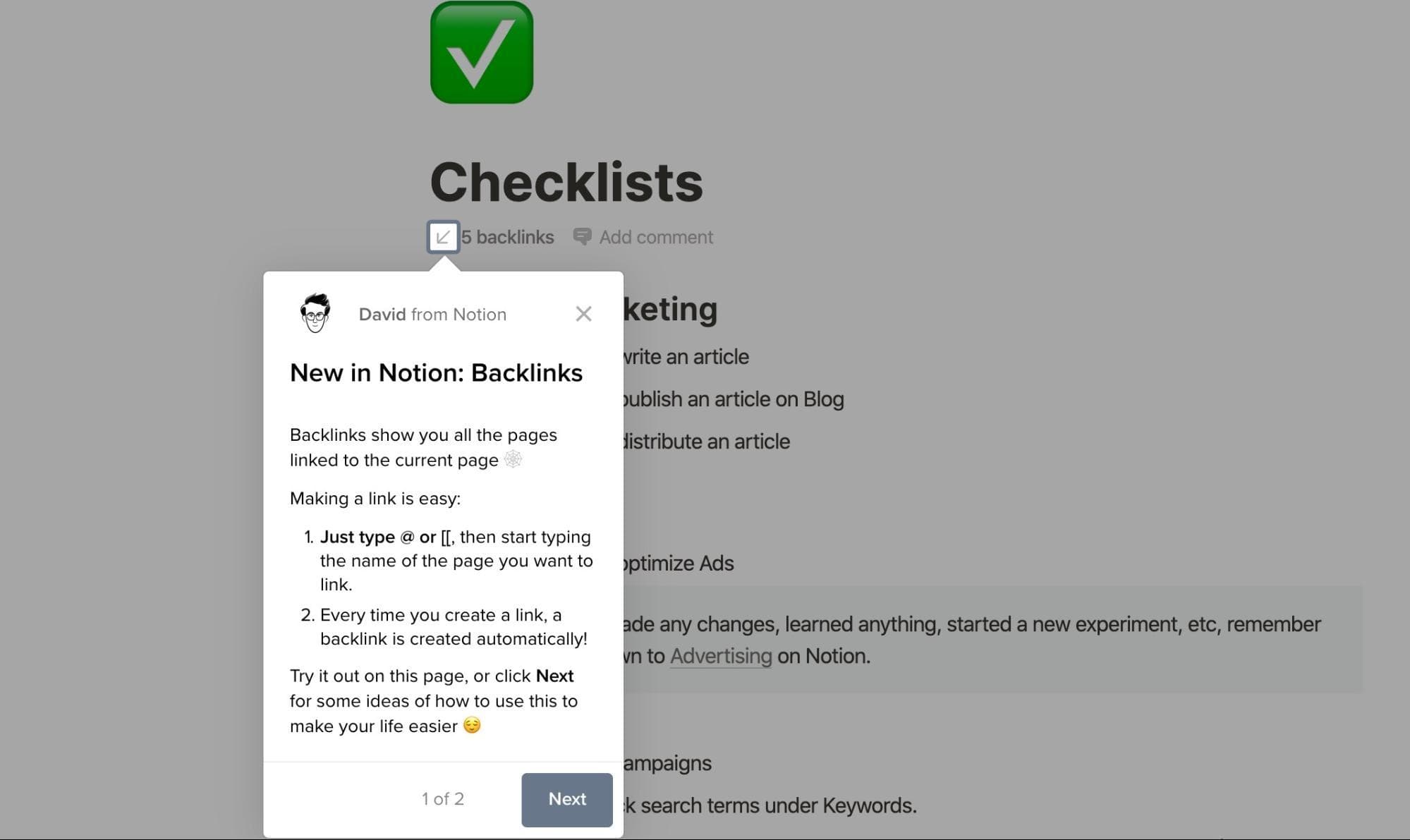 Notion tooltip from David from Notion titled New in Notion: Backlinks, pointing at a page's backlinks count, step 1 of 2