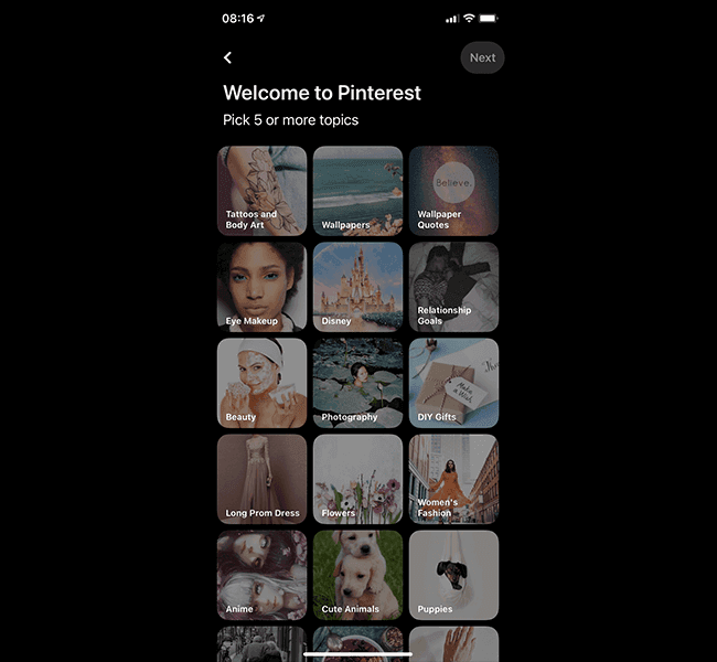 Pinterest welcome screen asking new users to pick five or more topics