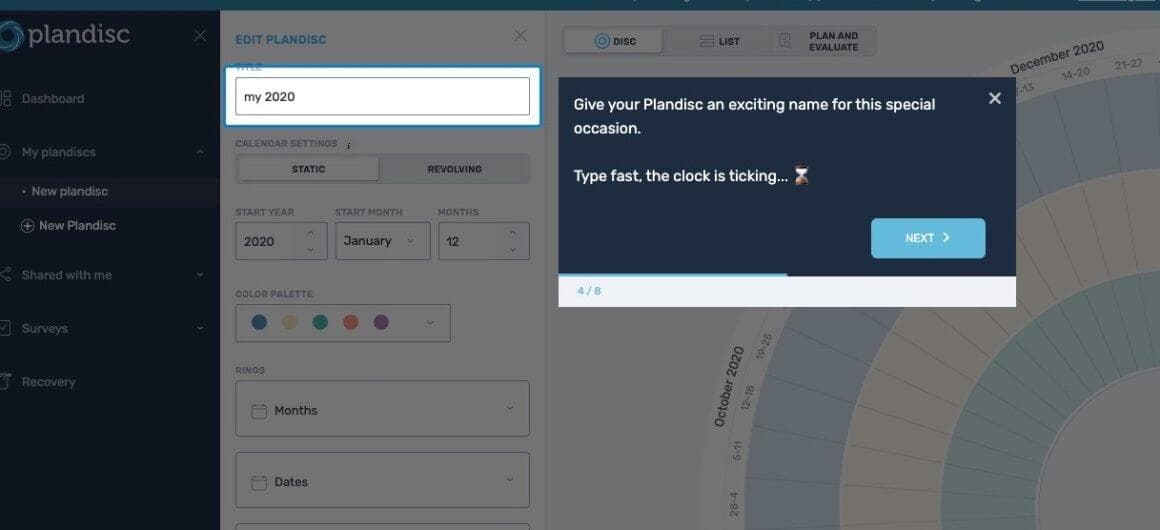 Plandisc tooltip, step 4 of 8, saying "Give your Plandisc an exciting name" beside a highlighted title field