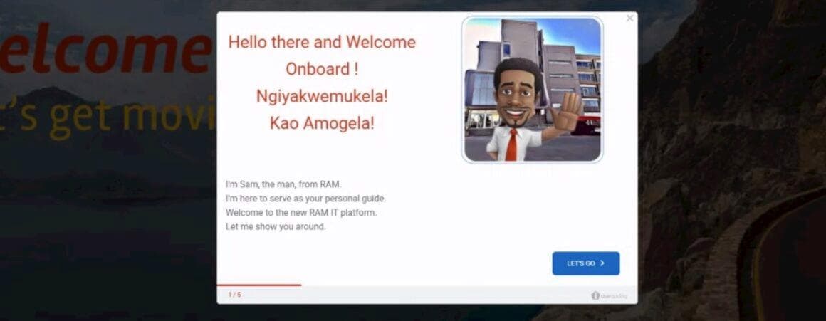 RAM welcome modal, step 1 of 5, with a waving cartoon guide named Sam and a Let's go button