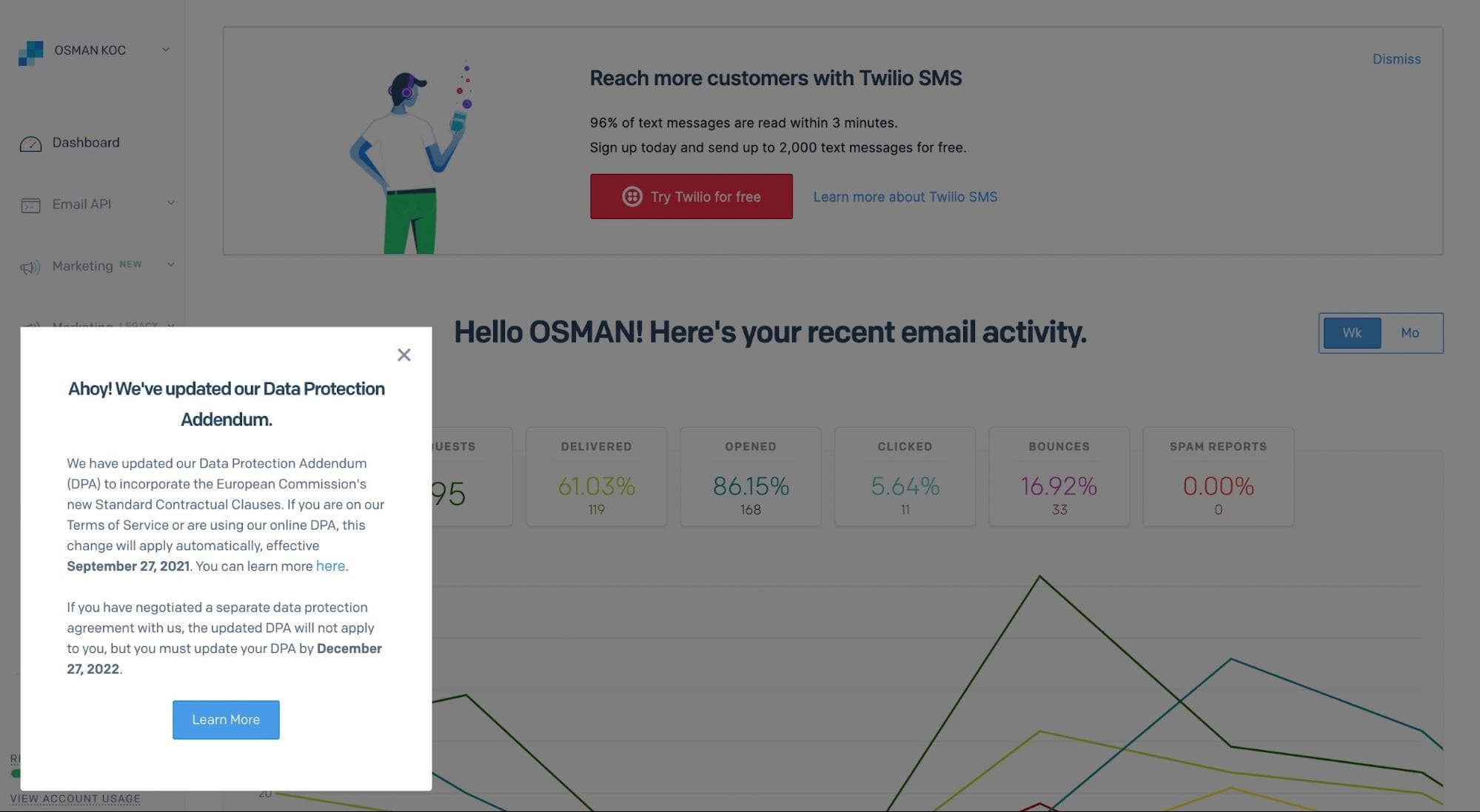 SendGrid slideout at the bottom left of a dimmed dashboard, headed Ahoy! We've updated our Data Protection Addendum