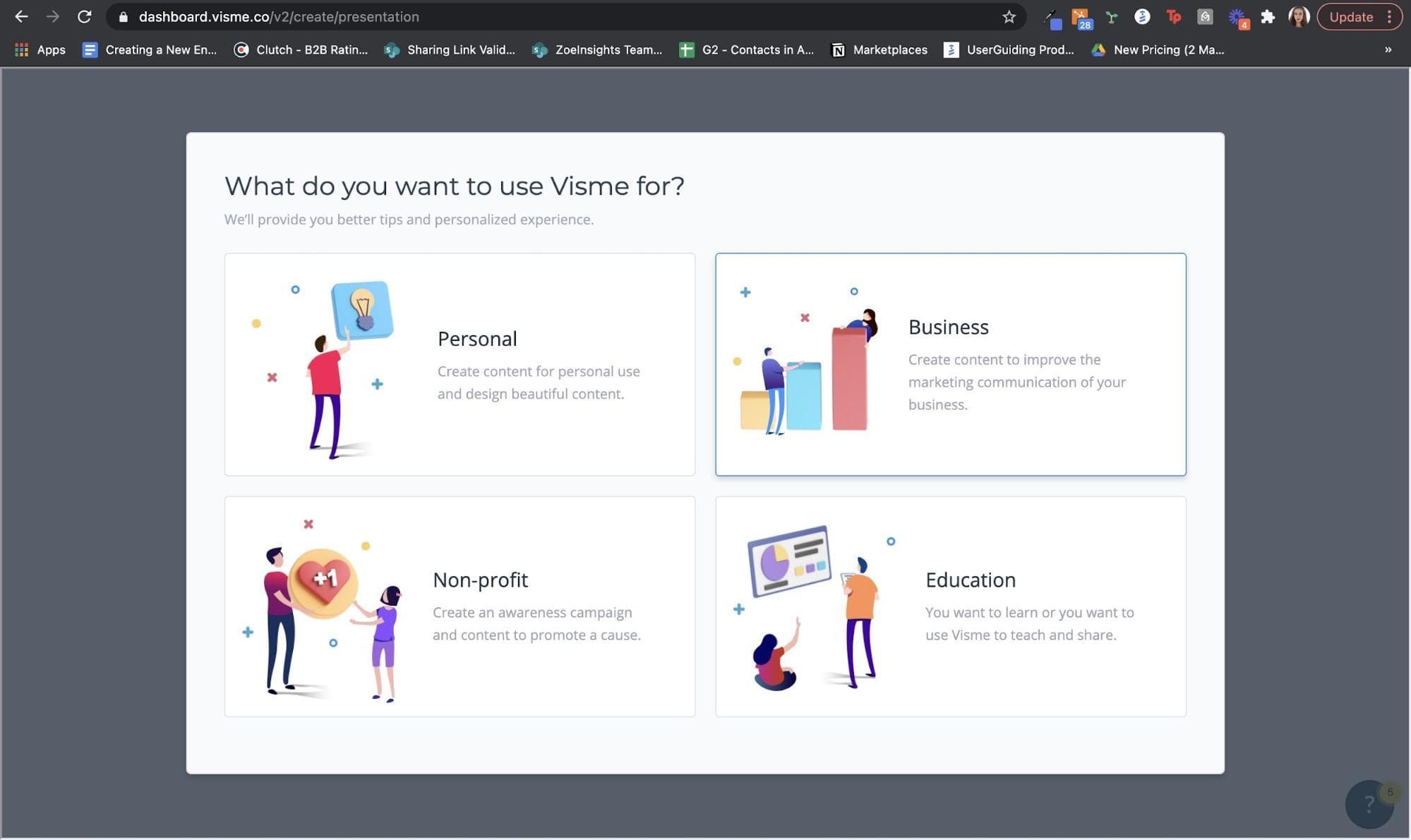 Visme sign-up screen asking What do you want to use Visme for?, with Personal, Business, Non-profit and Education cards