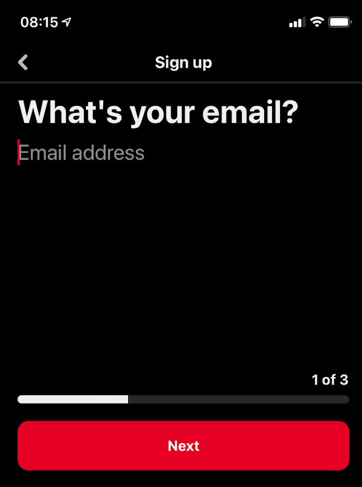 Pinterest sign-up screen asking What's your email?, with a 1 of 3 progress bar and a red Next button