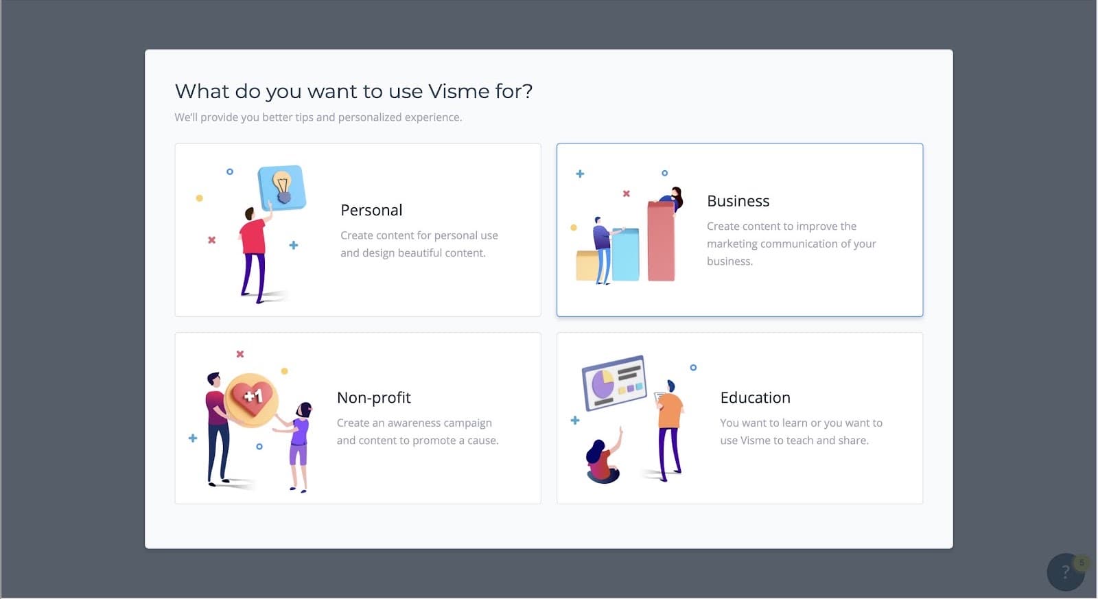 Four illustrated Visme cards, Personal, Business, Non-profit and Education, under the question about use case