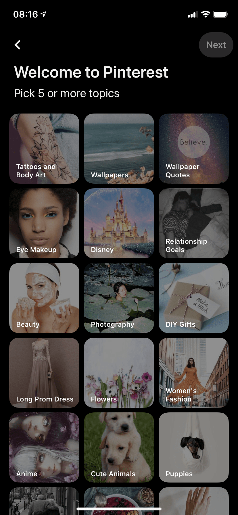 Pinterest Welcome to Pinterest screen asking you to pick 5 or more topics from a grid of photo tiles