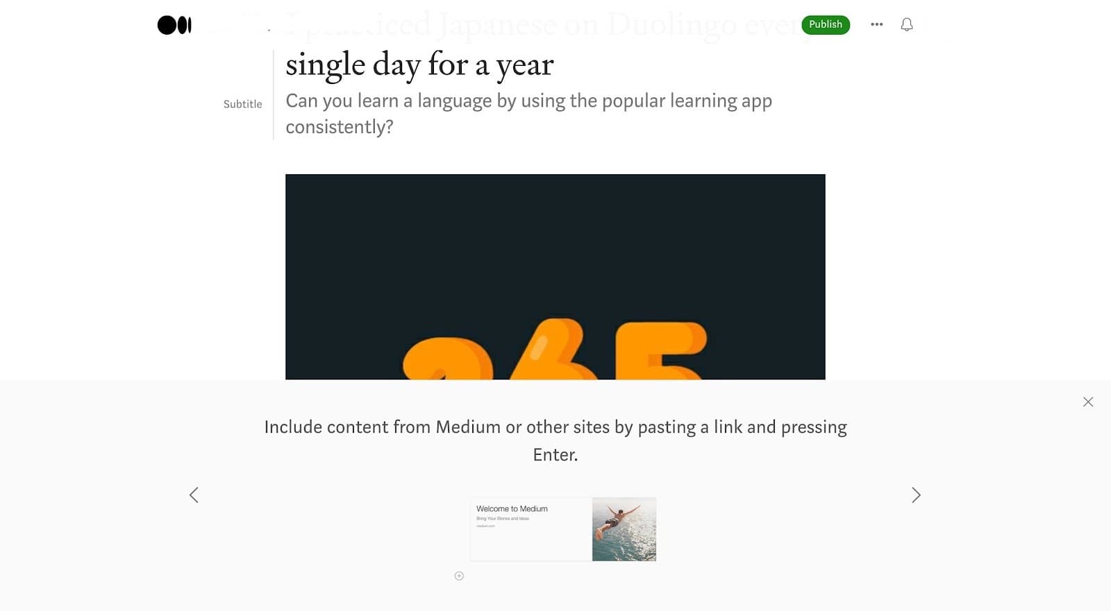 Medium editor with a tip panel at the bottom about pasting links to embed content, with arrows and a sample card