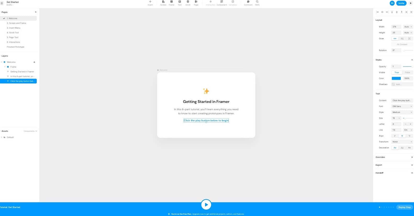 Framer starter project with a Getting Started in Framer card, lesson pages listed on the left and a blue tutorial bar