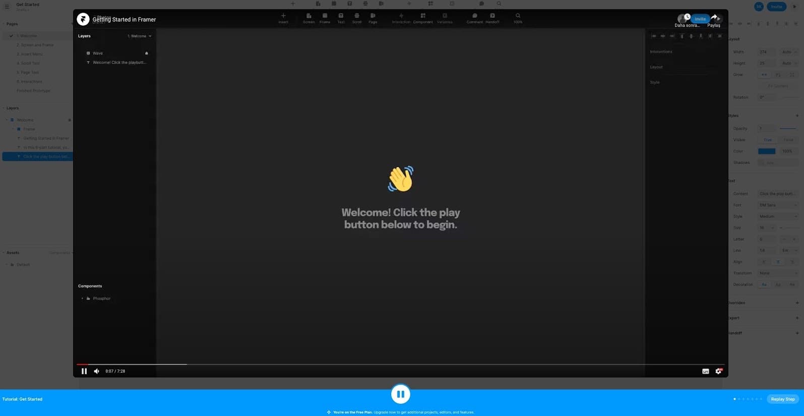 Framer tutorial video playing over the editor with a waving hand and the line Welcome! Click the play button below to begin