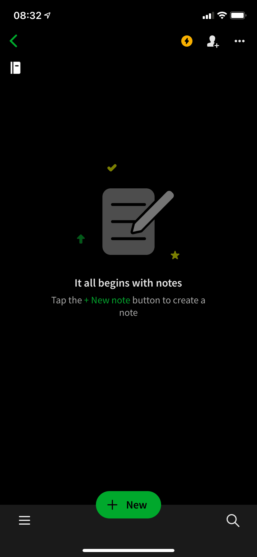 Evernote mobile empty state with a note illustration, the line It all begins with notes, and a green New button