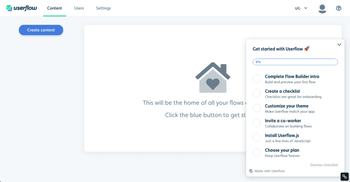 Userflow's empty content page in 2022 with a Get started with Userflow checklist open on the right