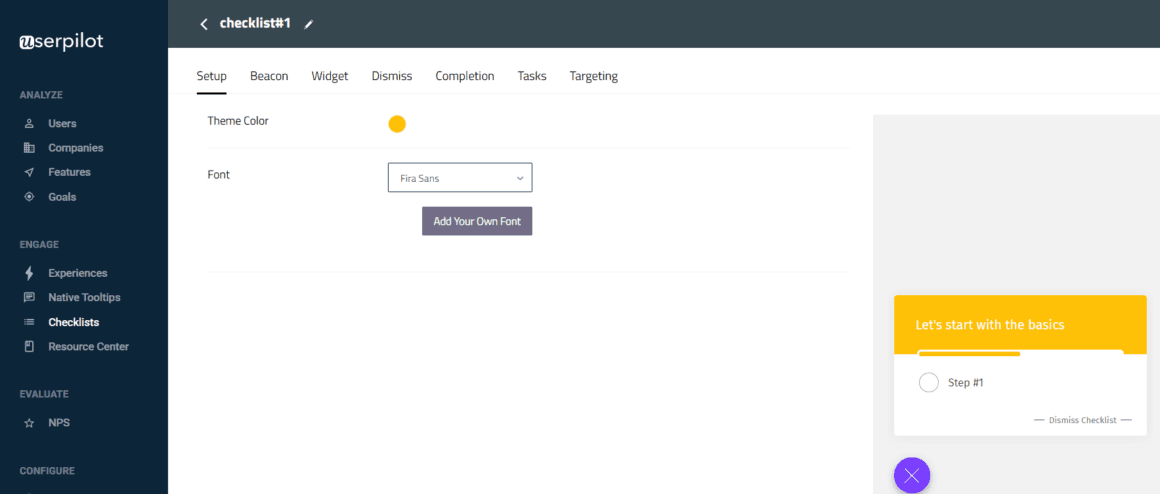 Userpilot's checklist editor in 2022 with theme colour and font settings beside a checklist preview