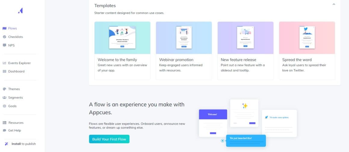 Appcues dashboard in 2022 with flow templates such as Welcome to the family and New feature release