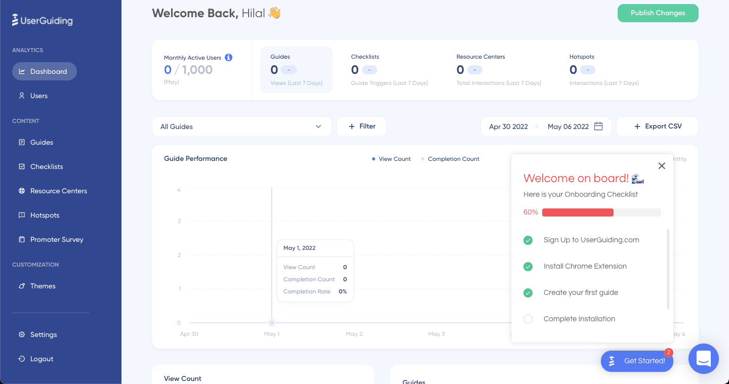 UserGuiding dashboard in 2022 showing a guide performance chart and an onboarding checklist at 60%
