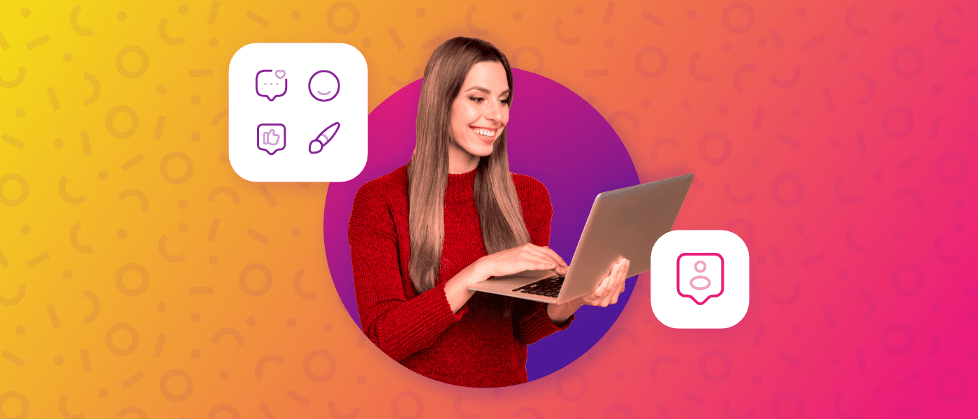 Illustration of a woman using a laptop, surrounded by app icons for chat, reactions, likes and design