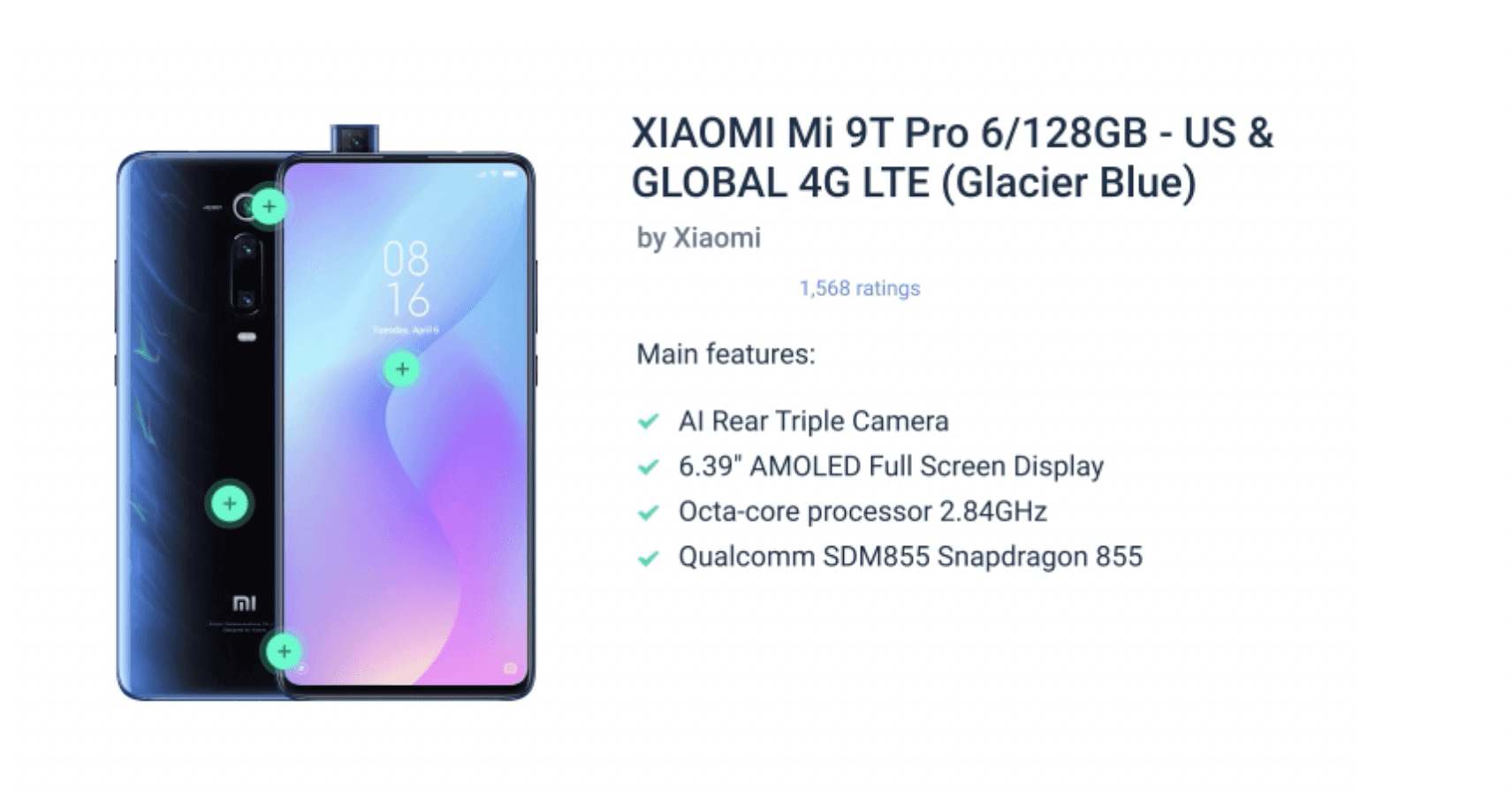 Product page for a Xiaomi phone with green plus-sign hotspots on the camera, screen and back of the phone