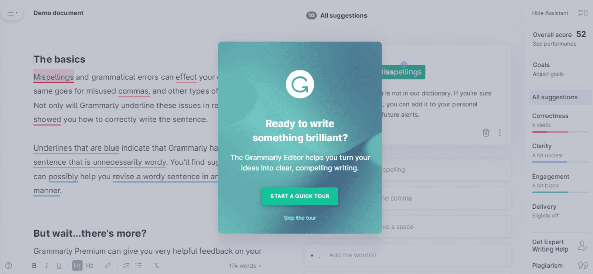 Grammarly modal, Ready to write something brilliant?, with Start a quick tour and Skip the tour over a demo document