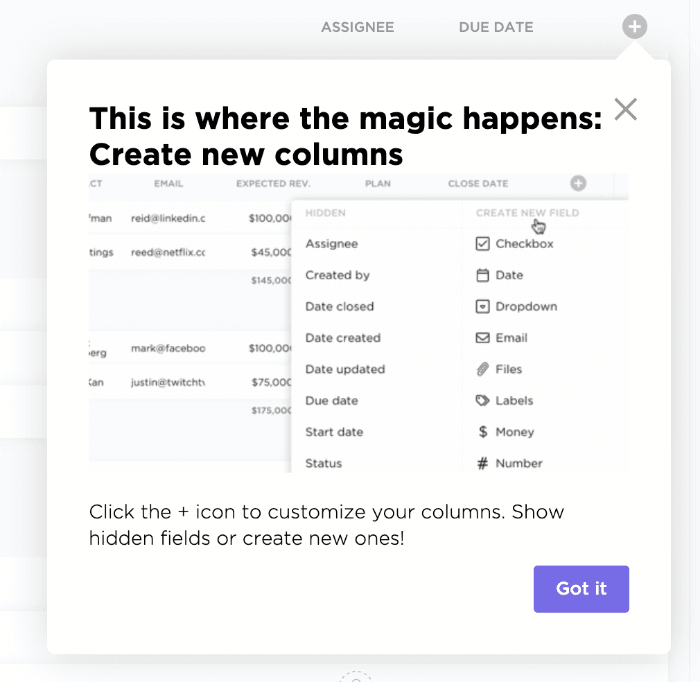 ClickUp tooltip titled This is where the magic happens: Create new columns, with a screenshot of the field menu and a Got it button