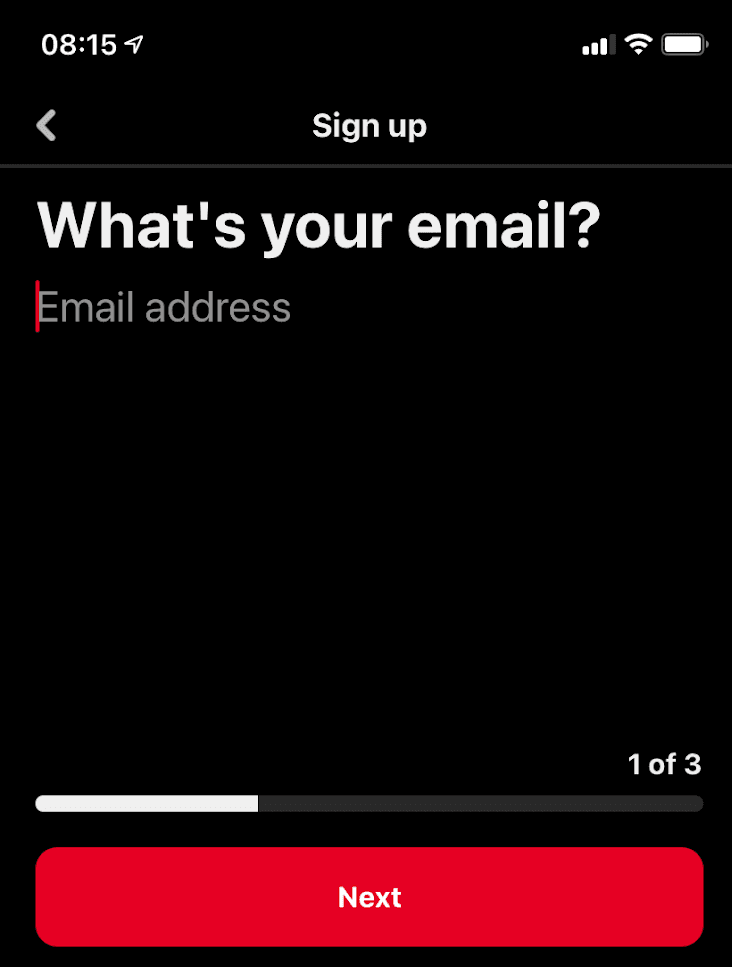 Pinterest mobile signup, step 1 of 3, asking What's your email?