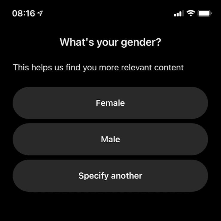Pinterest signup screen asking What's your gender? to find more relevant content