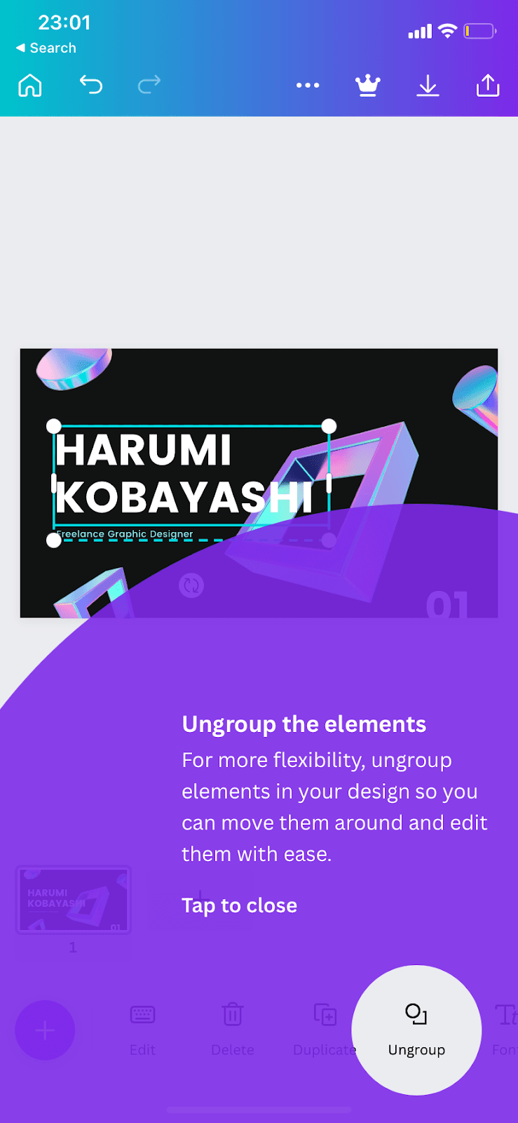 Canva mobile editor under a purple overlay tooltip titled Ungroup the elements, circling the Ungroup button