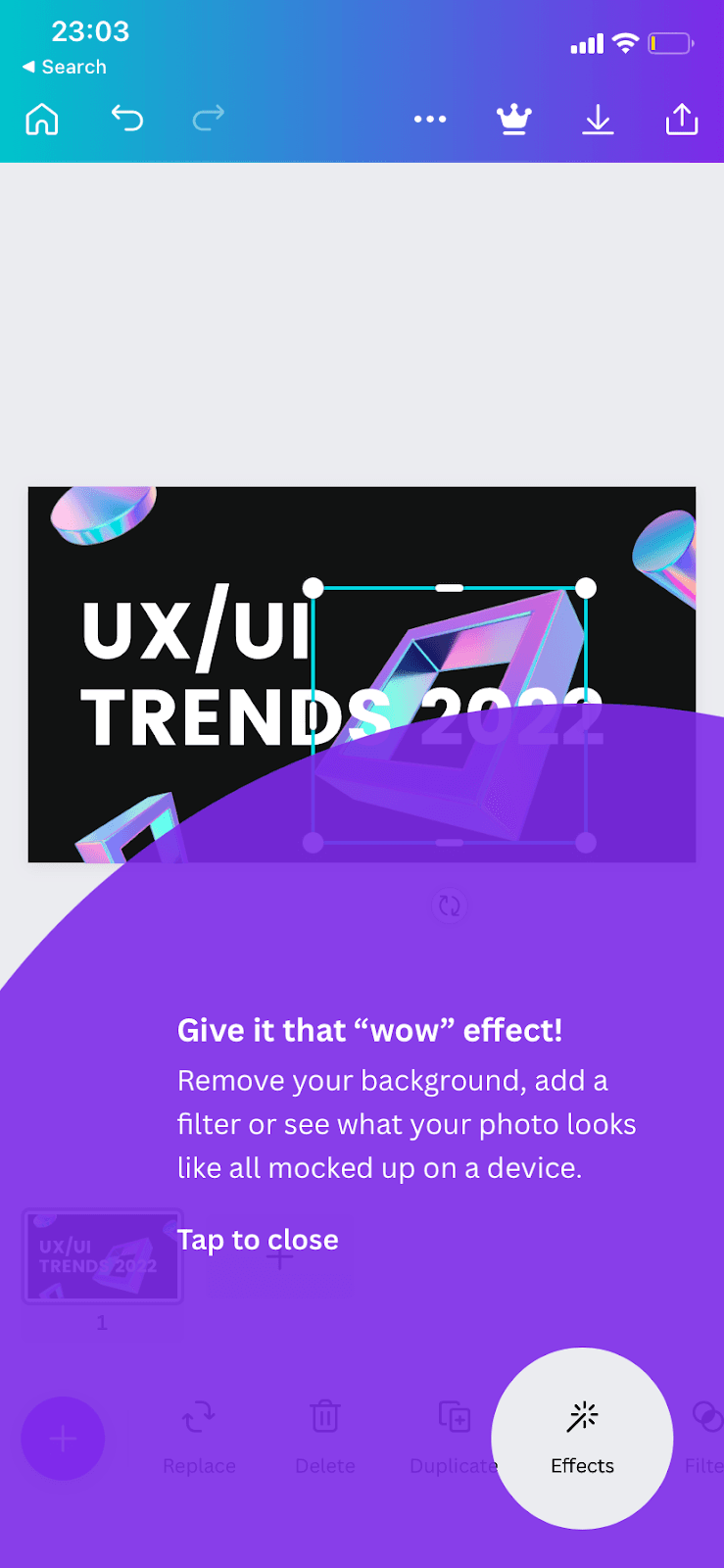 Canva mobile overlay tooltip reading Give it that wow effect, with the Effects button circled in the toolbar