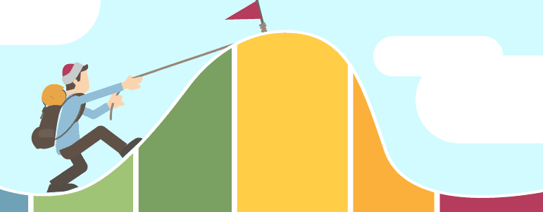 Illustration of a climber pulling himself up a coloured bell curve towards a flag at its peak