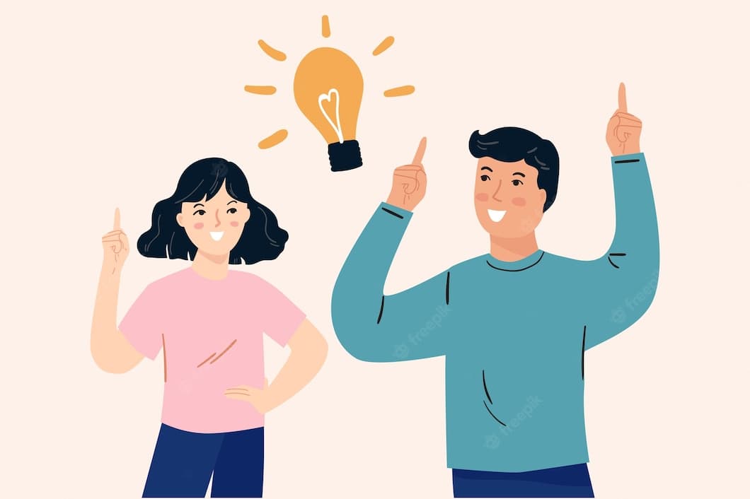 Illustration of two people pointing up at a glowing light bulb, the classic picture of an aha moment
