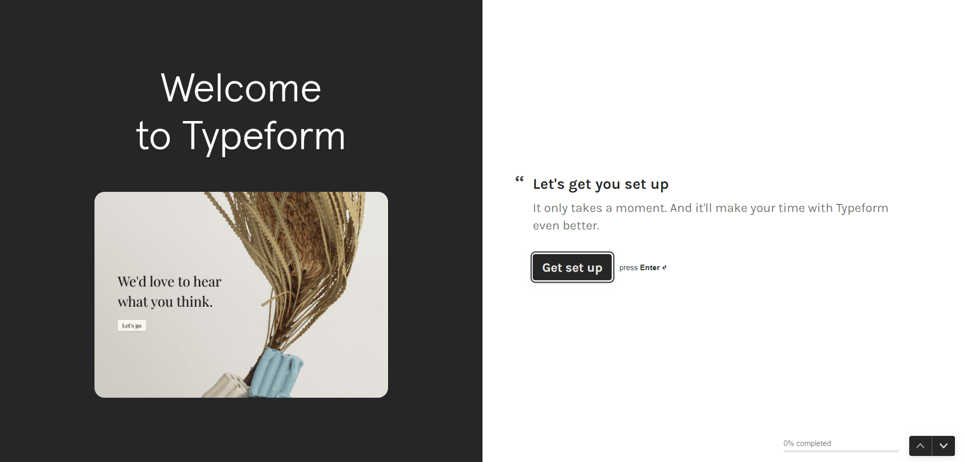 Typeform welcome screen with a 'Let's get you set up' prompt and a Get set up button