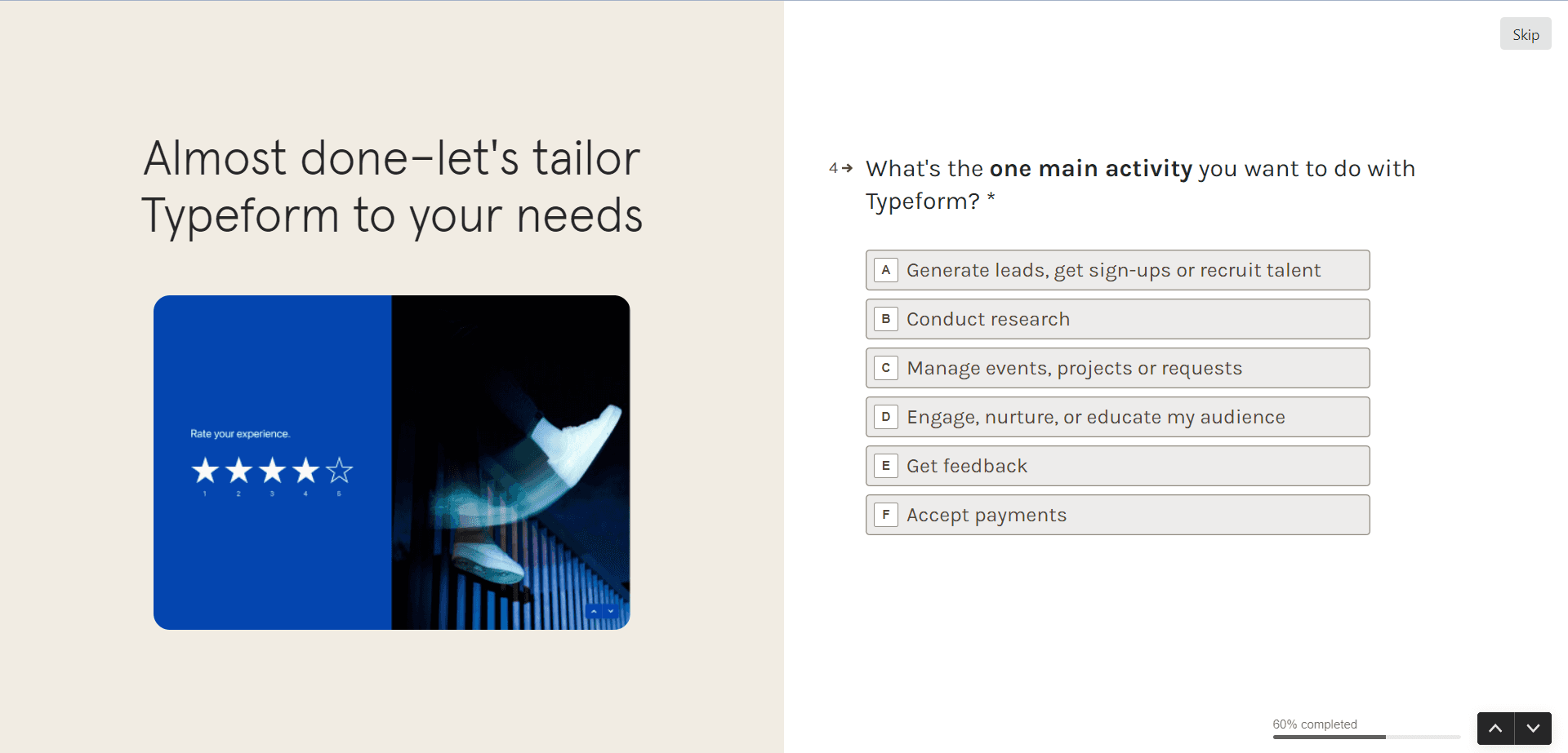 Typeform setup question 4: your one main activity, with six options from lead generation to accepting payments