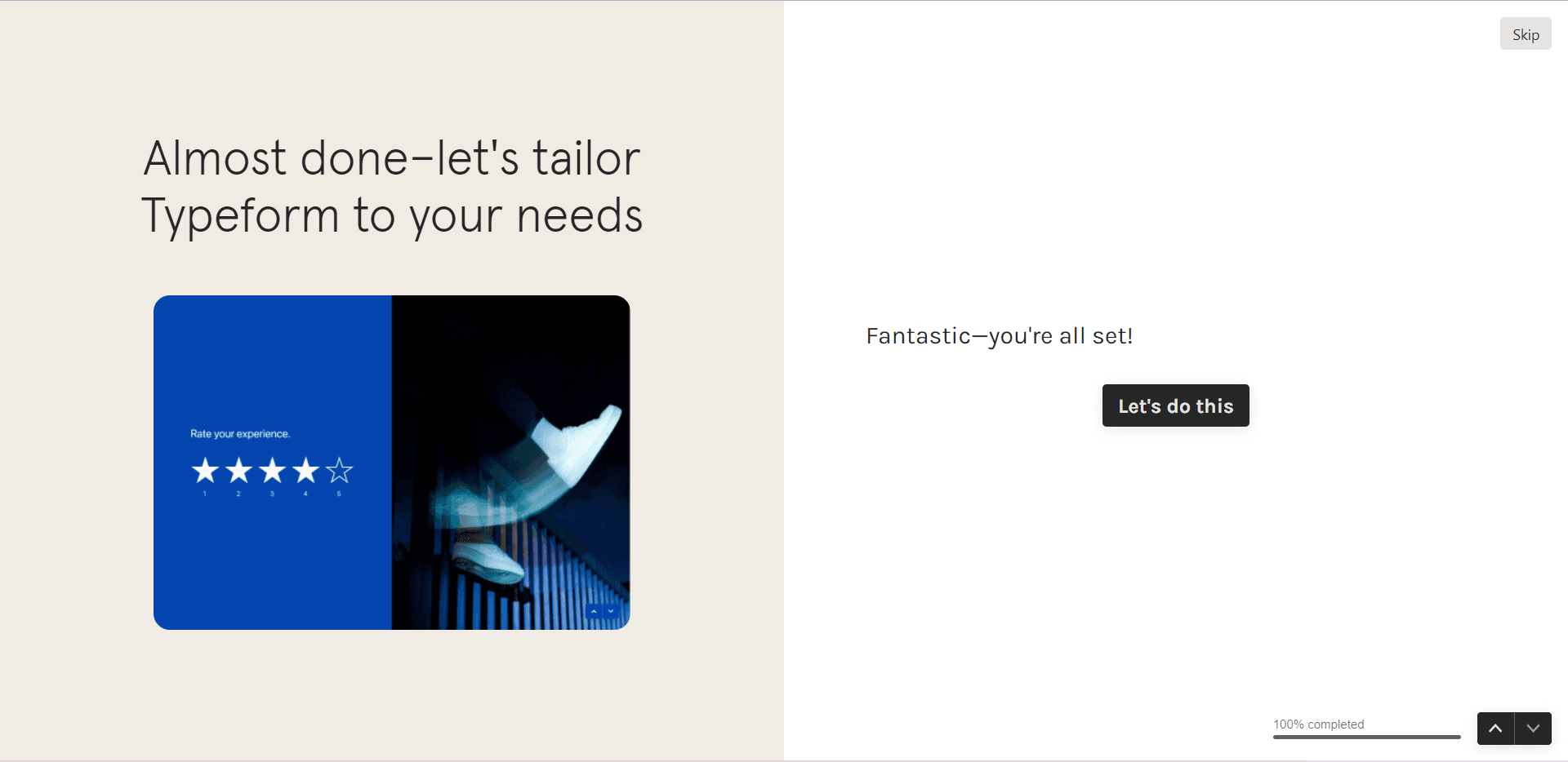 Typeform setup end screen: 'Fantastic, you're all set!' at 100% complete