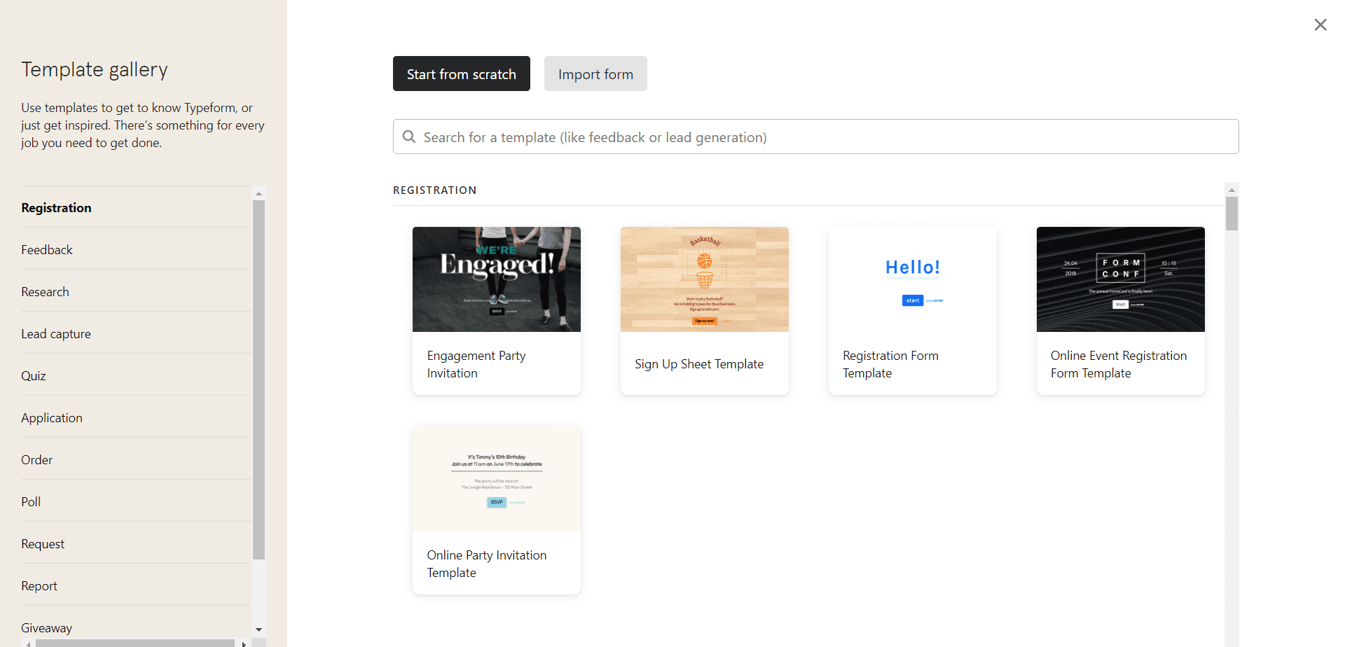Typeform template gallery with Start from scratch and Import form buttons