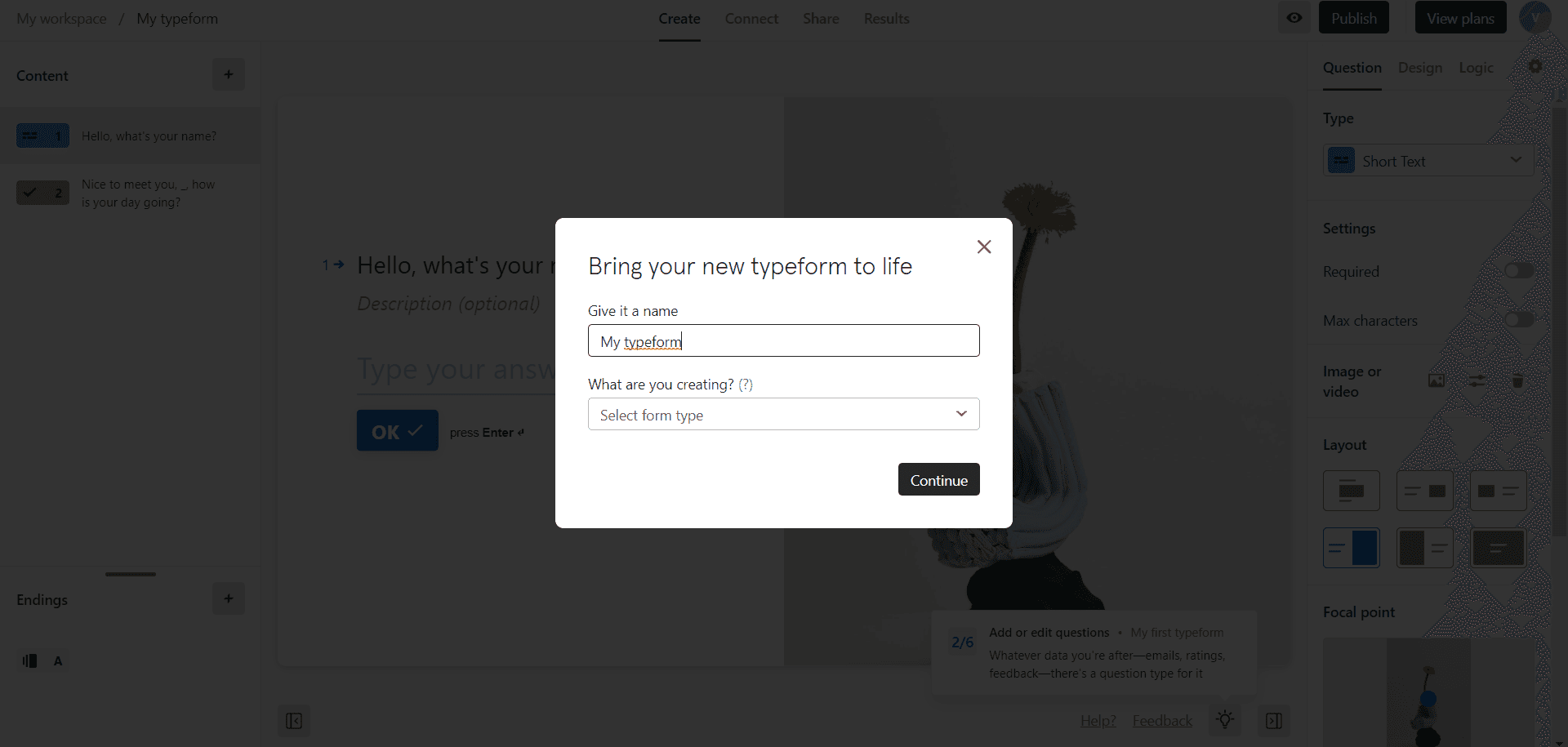 Typeform modal 'Bring your new typeform to life' asking for a form name and type