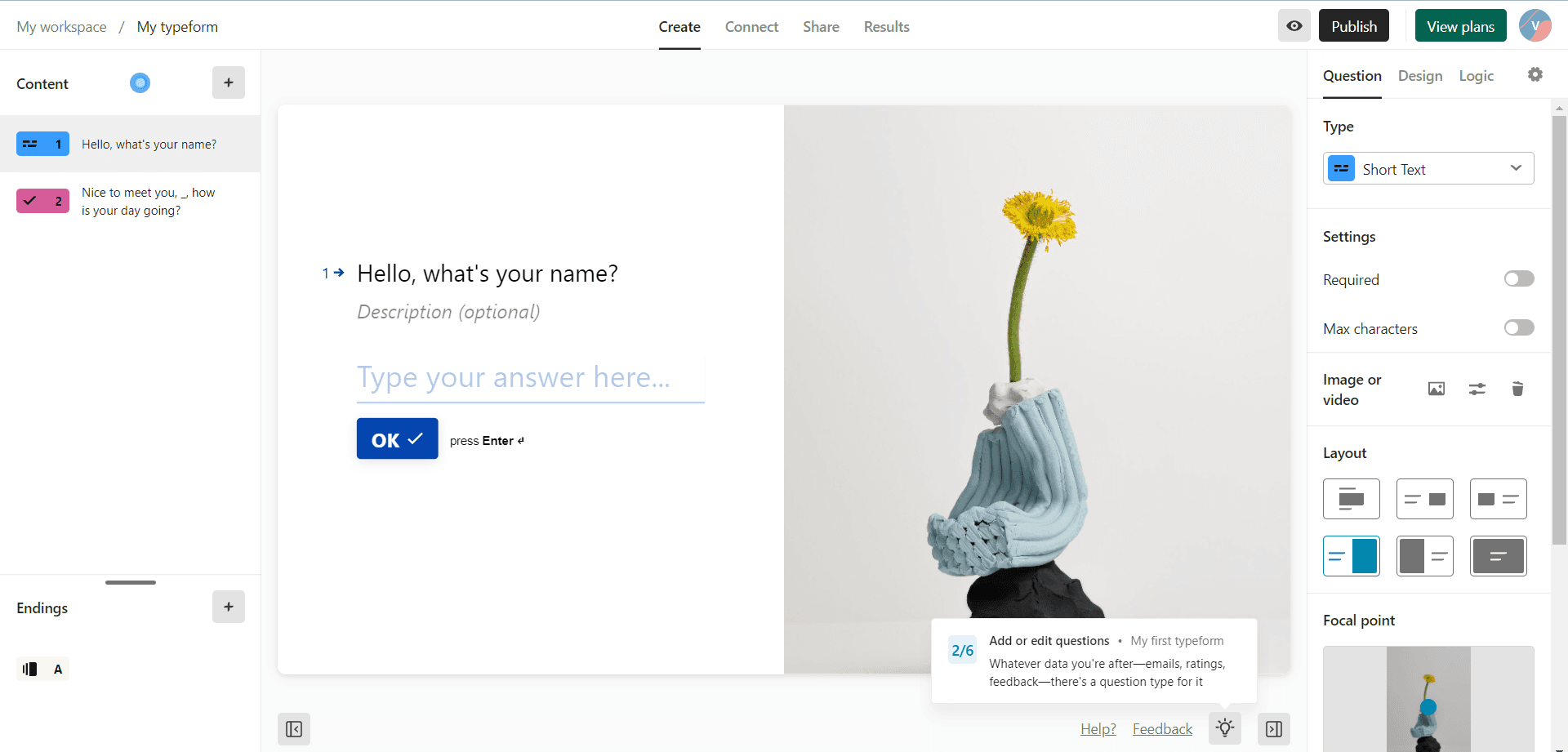 Typeform editor with tour step 2 of 6, 'Add or edit questions', and a hotspot on the Content panel