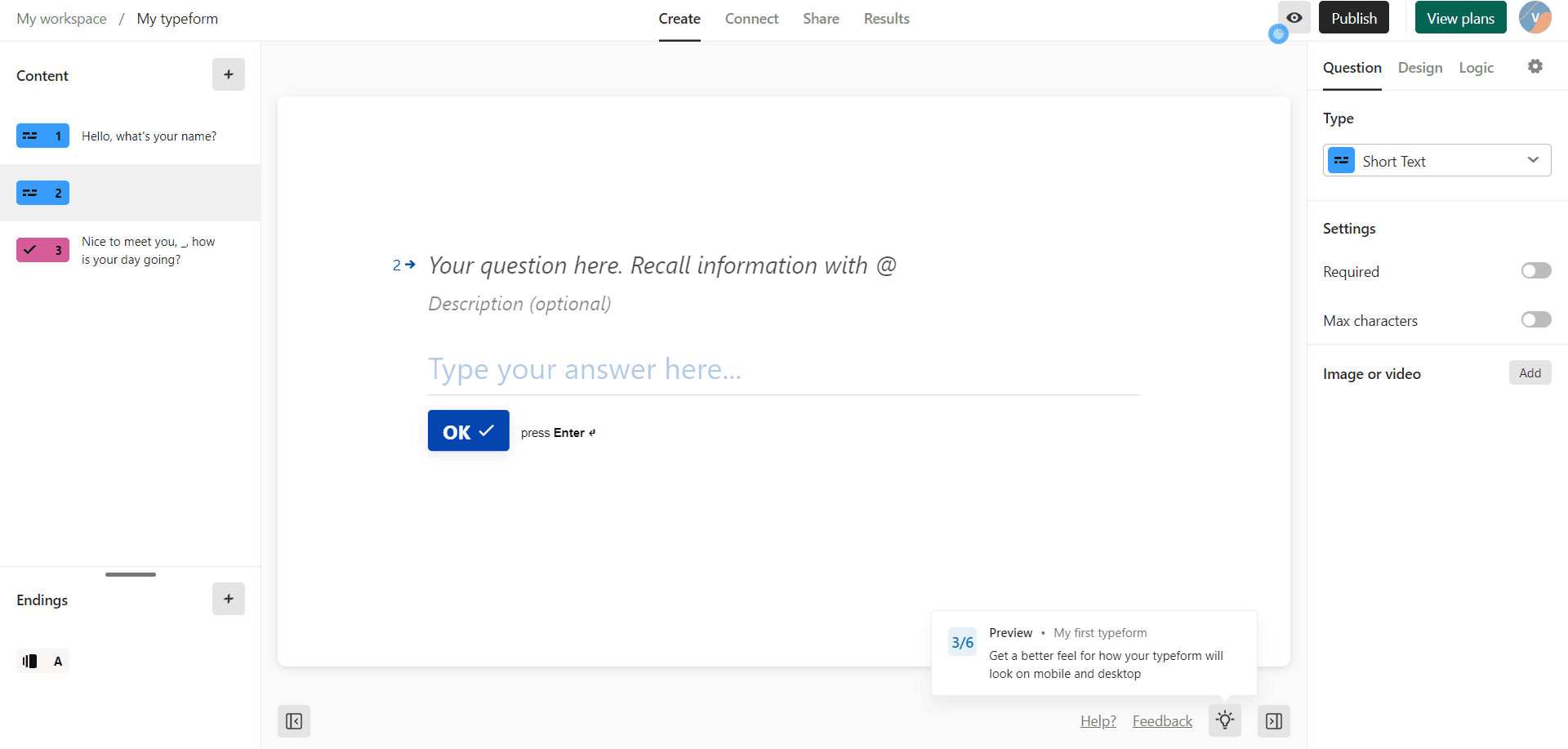 Typeform tour step 3 of 6, 'Preview', with a hotspot on the preview button