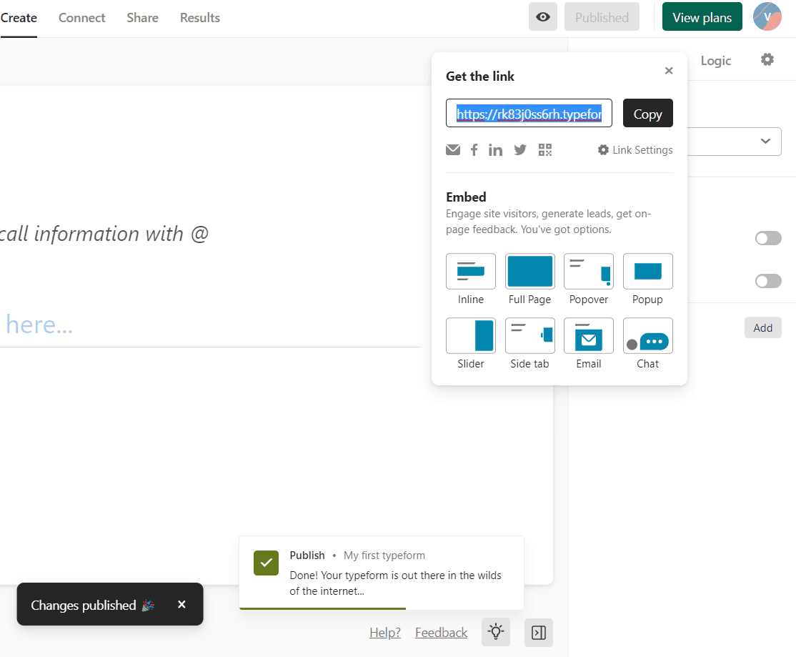 Typeform 'Get the link' panel after publishing, with a message saying the typeform is out in the wild