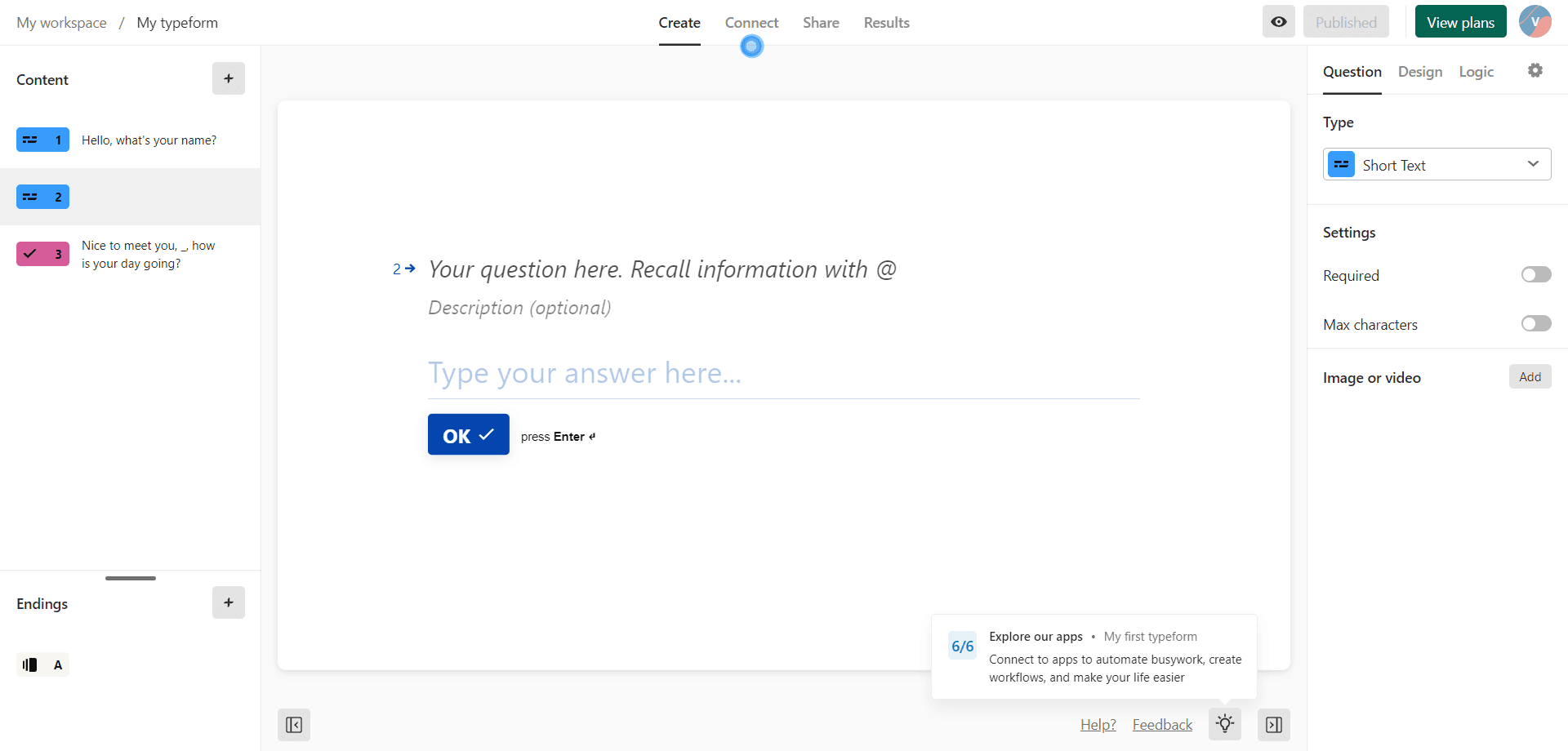 Typeform tour step 6 of 6, 'Explore our apps', with a hotspot on Connect