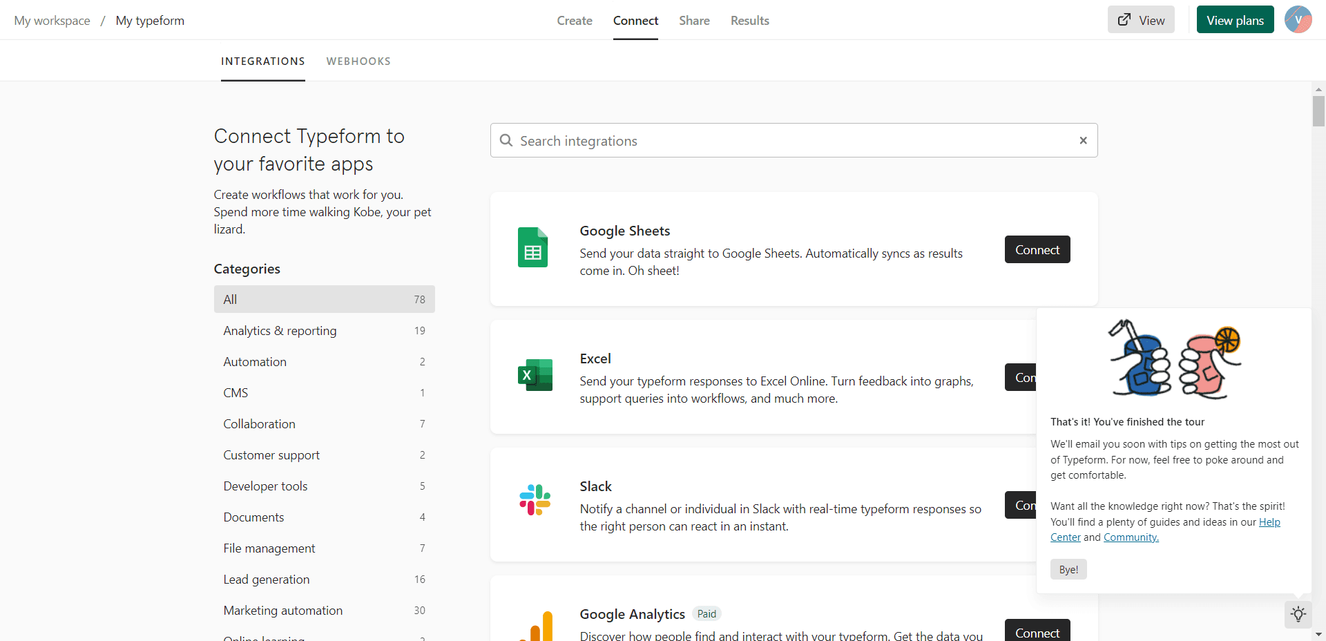 Typeform integrations page with an end-of-tour message: 'That's it! You've finished the tour'