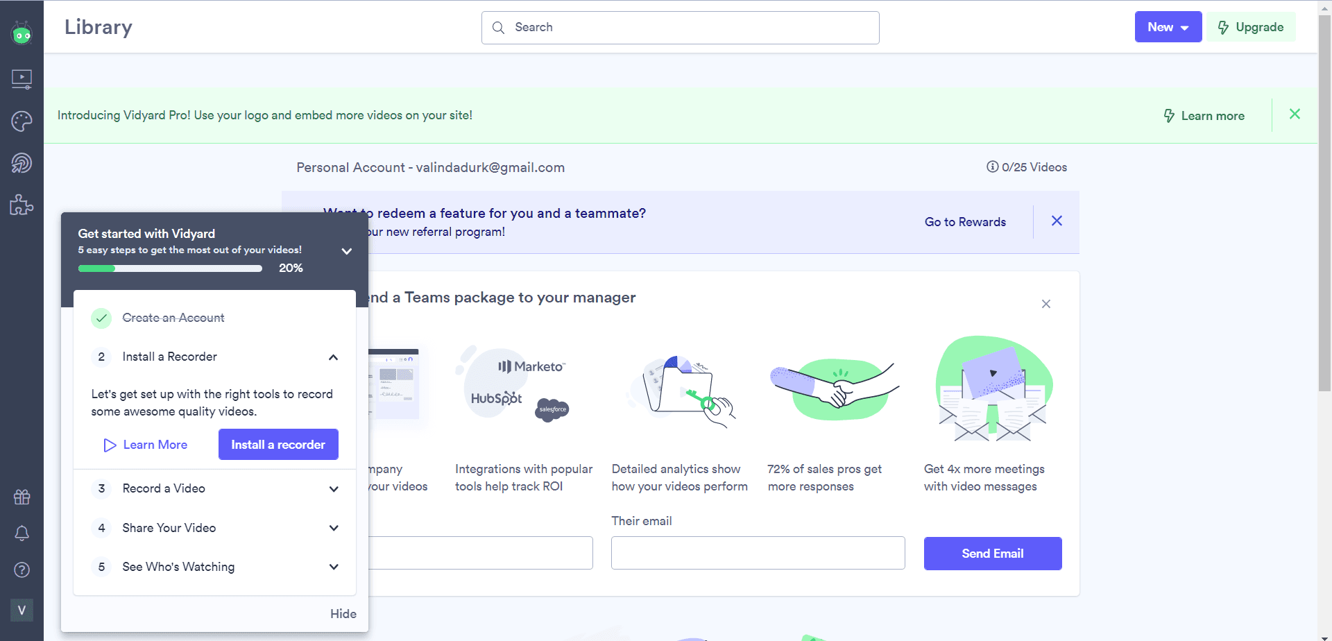 Vidyard library with the 'Get started with Vidyard' checklist of five steps open at 20%