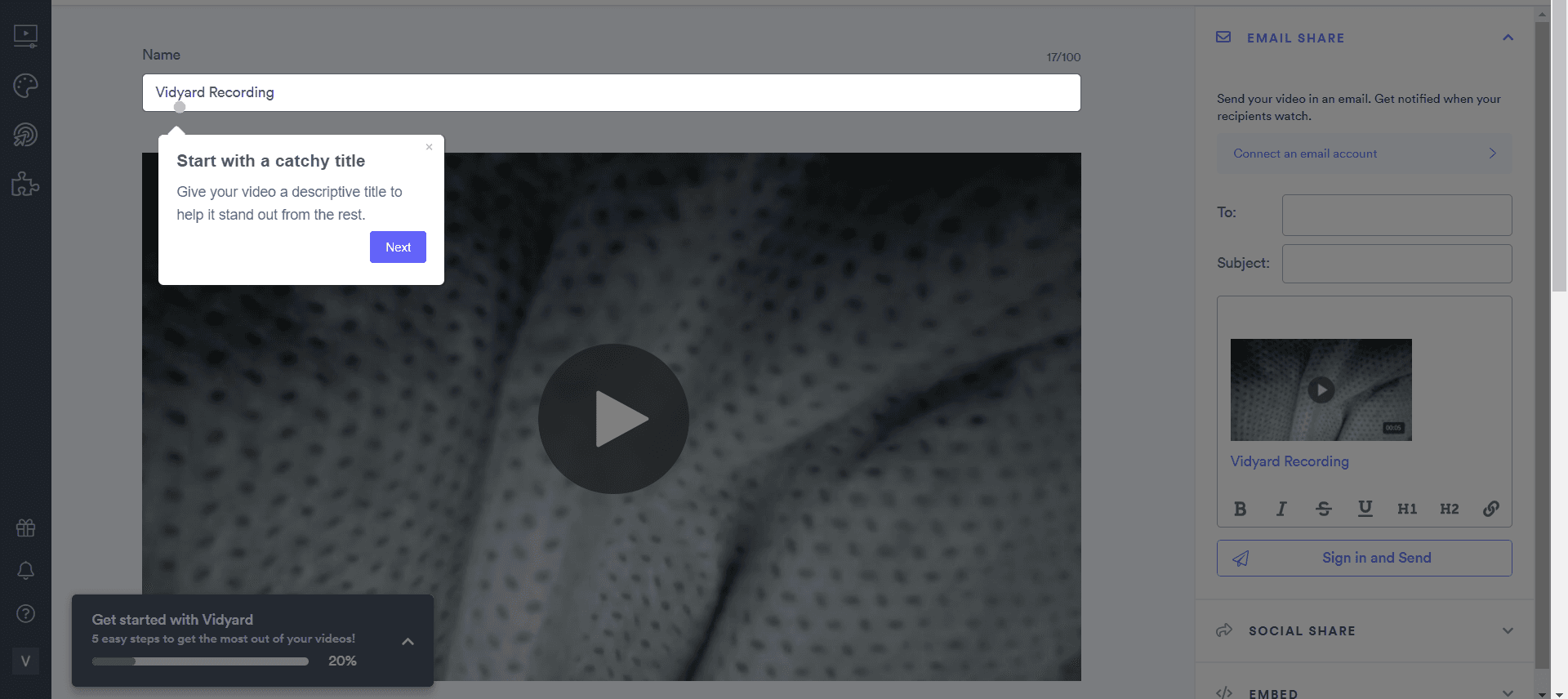 Vidyard tour tooltip 'Start with a catchy title' on the video name field